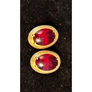 Schiaparelli Vintage Ruby Red Glass Oval Gold Tone Clip On Earrings Signed